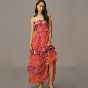 By Anthropologie Floral Strapless Tiered Chiffon Maxi‎ Dress Pink Rose NWT